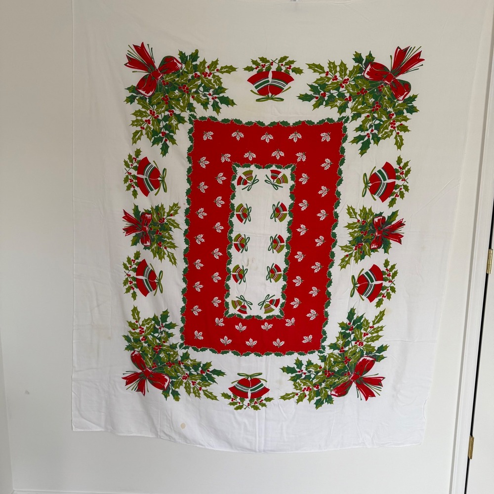 Vintage Mid Century Modern Christmas‎ Tablecloth Cotton 55 X 65 Holly Bells